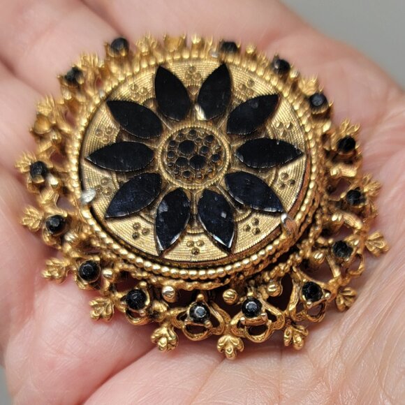 Florenza Gold Black Brooch Glass Round Pin Black Rhinestones OS Vintage - Picture 3 of 11